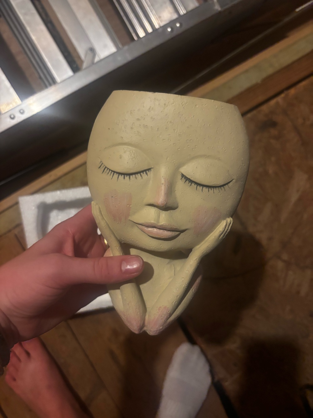Handcrafted Pale Yellow Ceramic Face Planter - Artistic Home Art